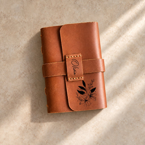 Personalised Leather Journal with Strap, Custom Engraved Notebook with Name & Floral Design, Handmade Gift Australia