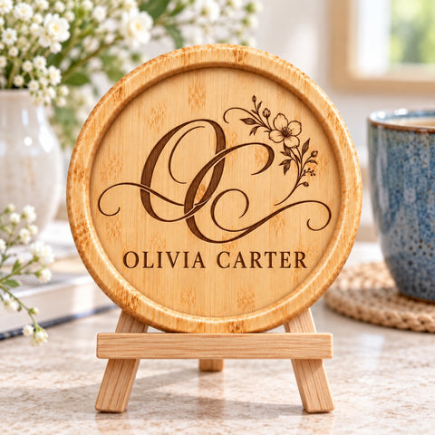 Wooden coaster engraved with an intertwined initial monogram and personalised names.