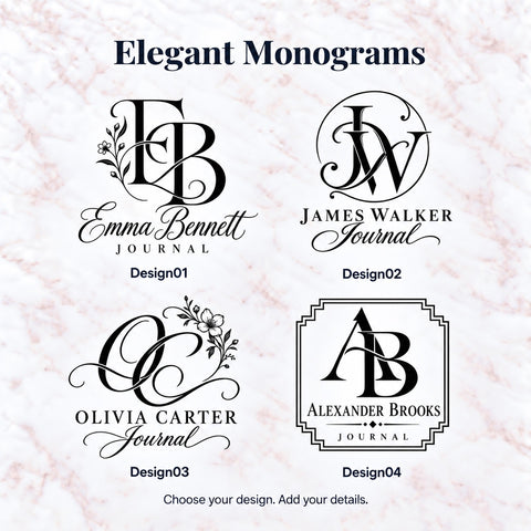 Elegant Monograms design options 01–04 with intertwined initials, names, floral details and decorative frames.