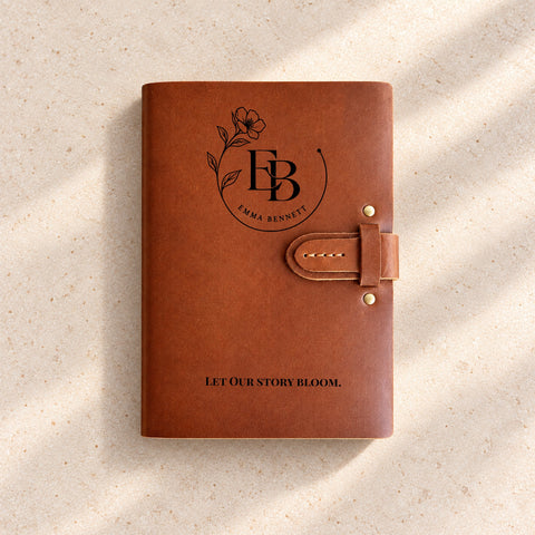 Thick leather journal engraved with a botanical monogram and personalised name