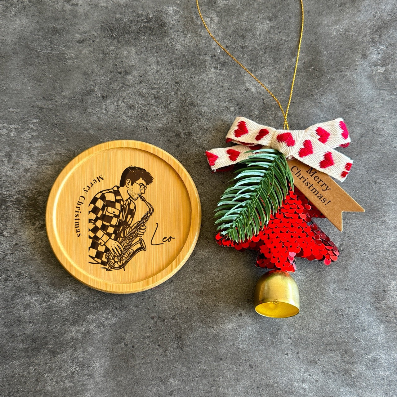 Custom engraved bamboo Christmas ornament for musician