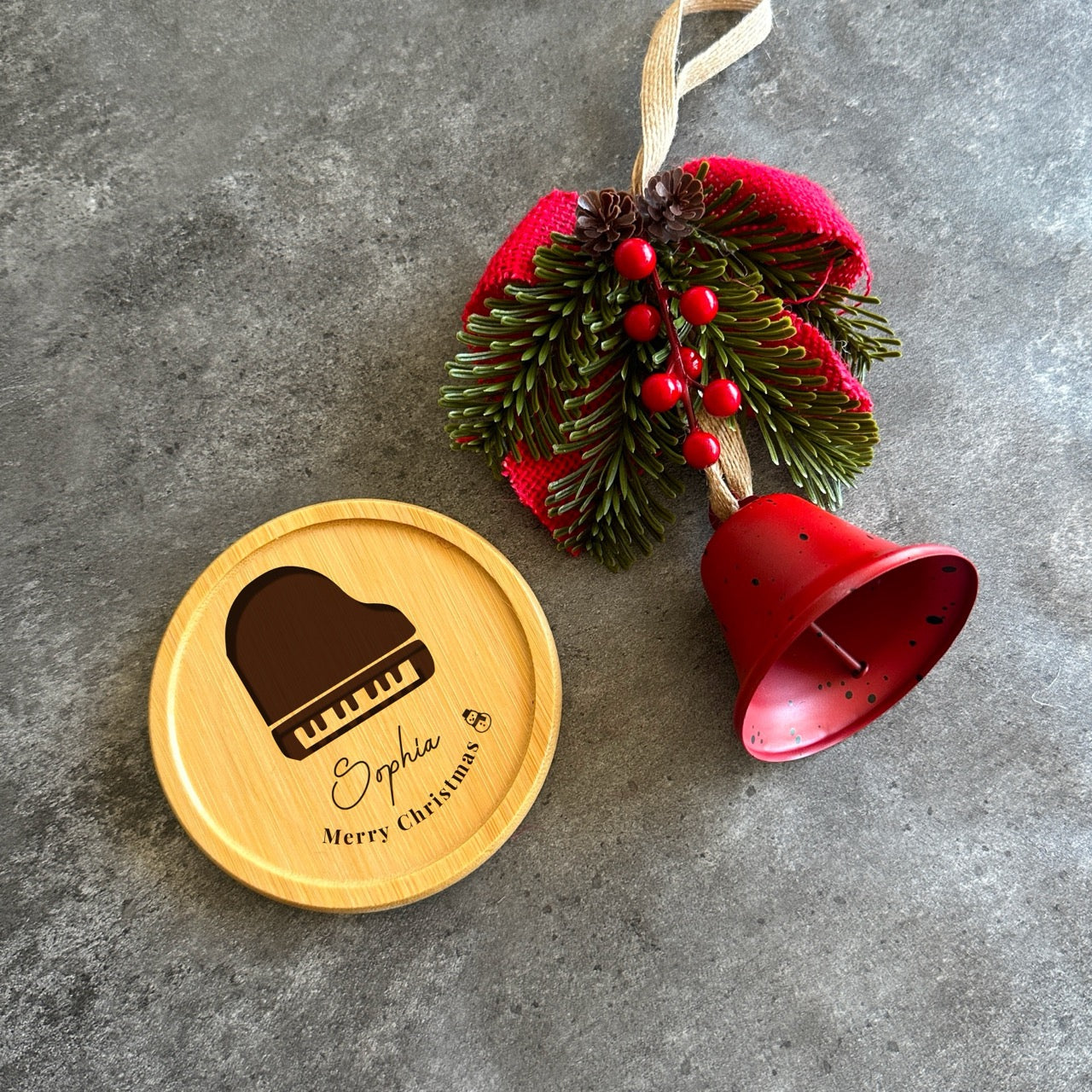 Engraved violin and piano designs on bamboo coaster and ornament