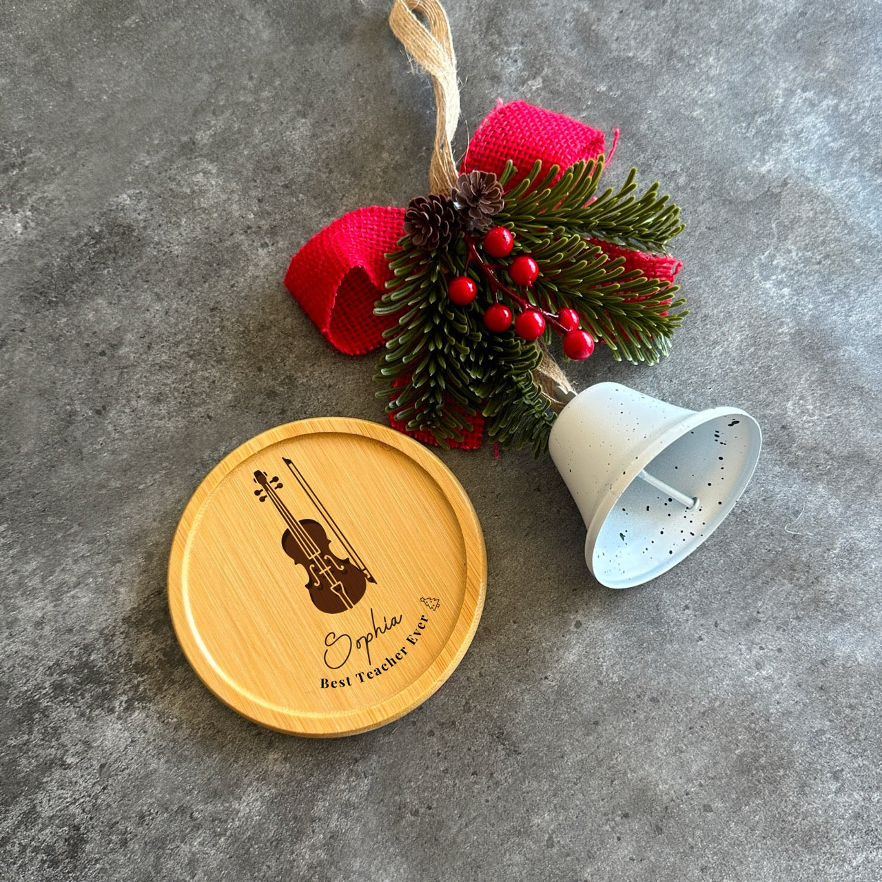 Personalised instrument gift box with engraved bamboo coaster and ornament