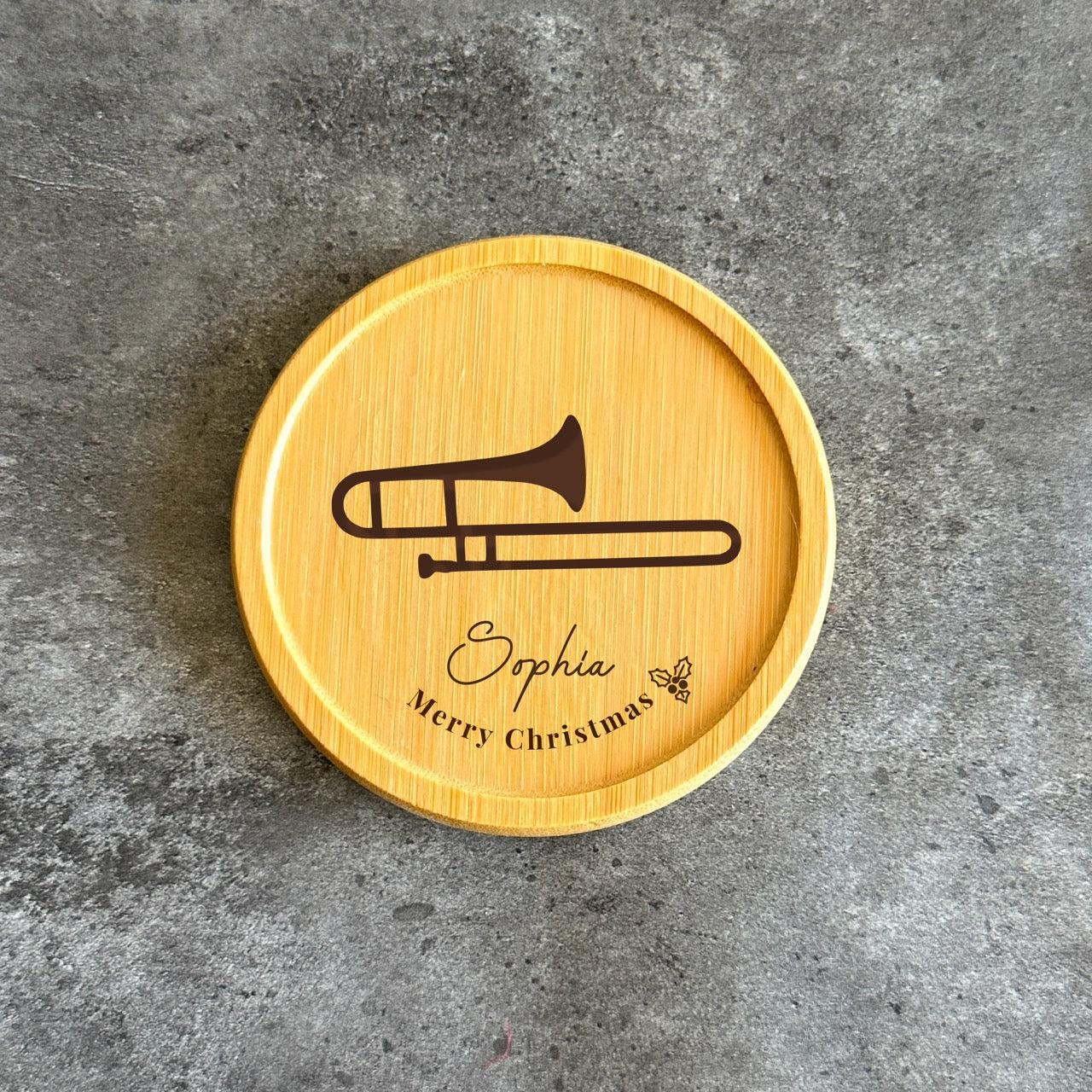Personalised Instrument Coaster, Engraved Bamboo Gift for Music Teachers, Pianists, Violinists &amp; Music Lovers, Custom Christmas Keepsake