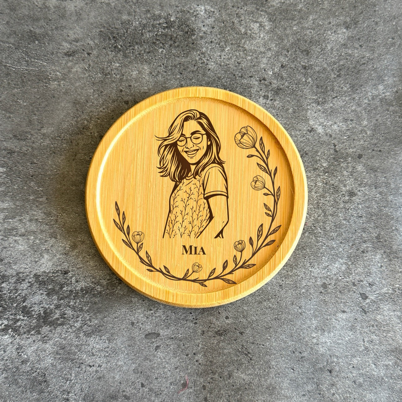 Personalised wooden coaster with floral design