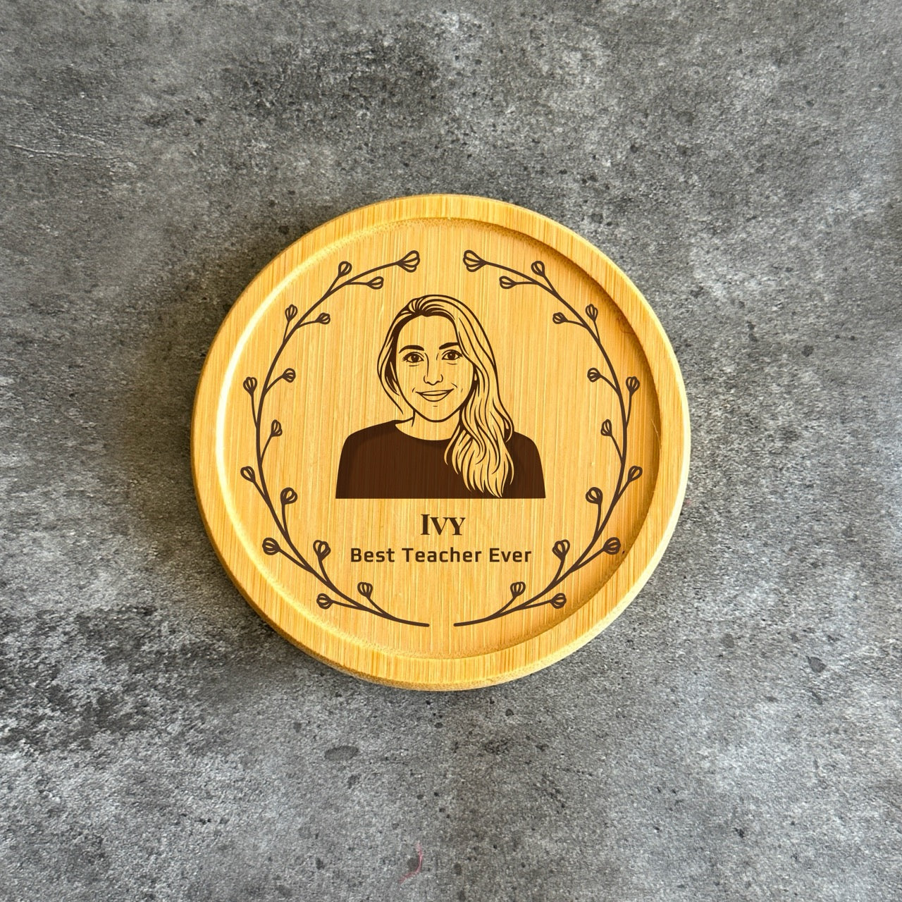 Engraved name coaster with custom portrait
