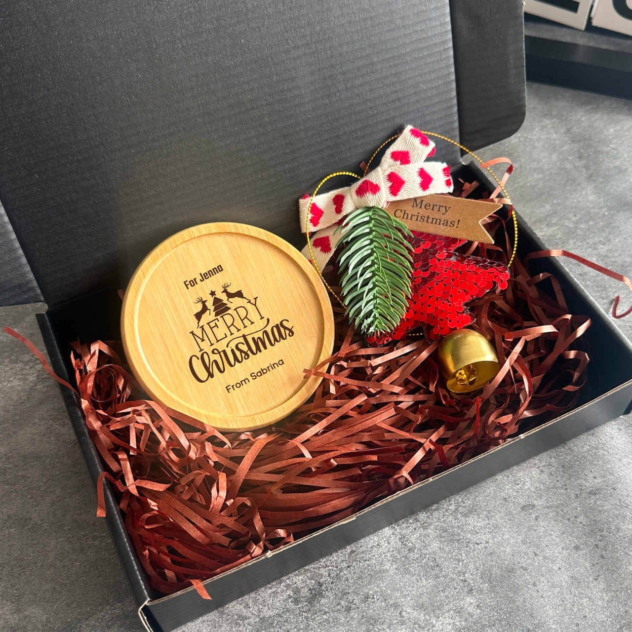 Personalised Christmas gift box with engraved coaster and ornament