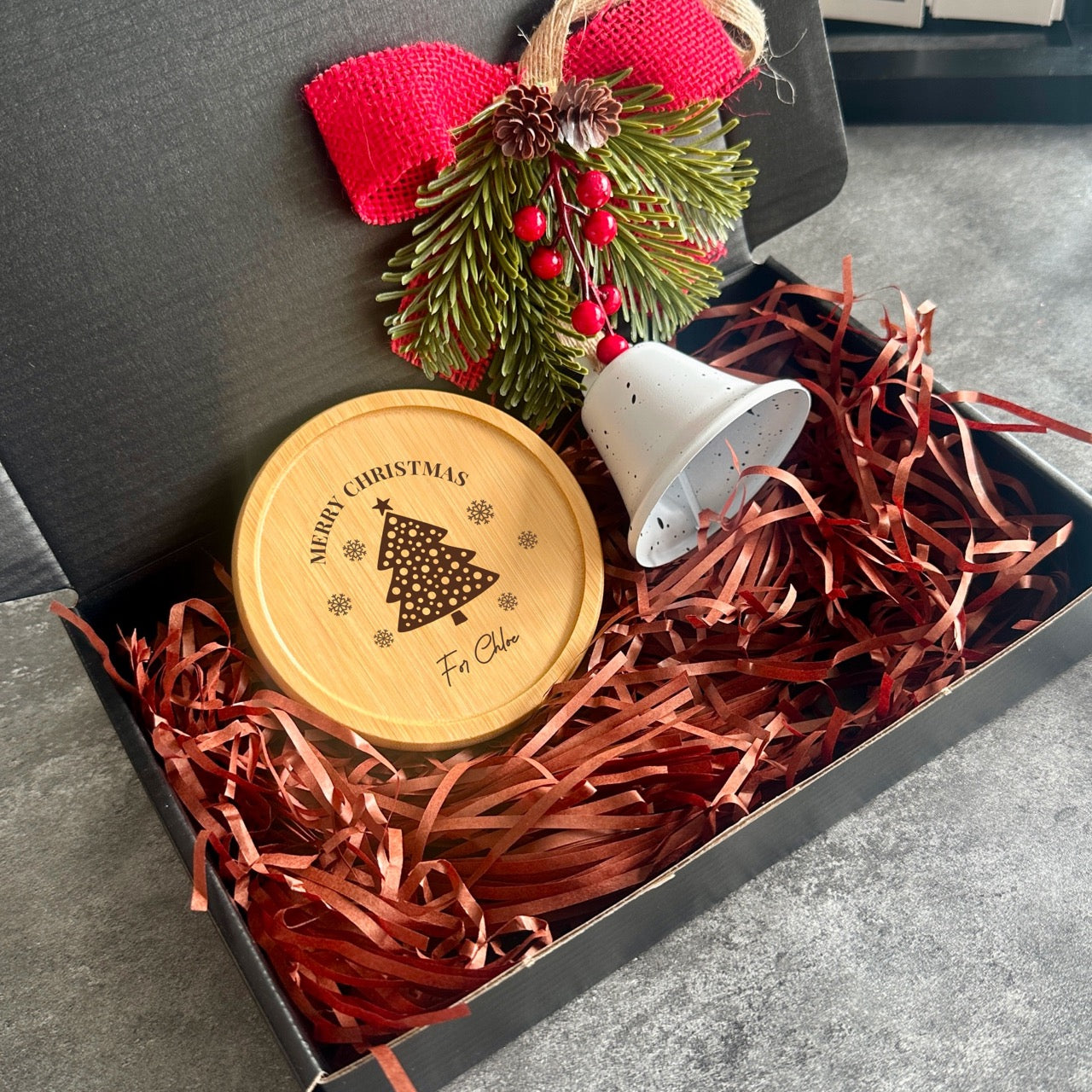 Custom bamboo coaster and Christmas ornament gift set