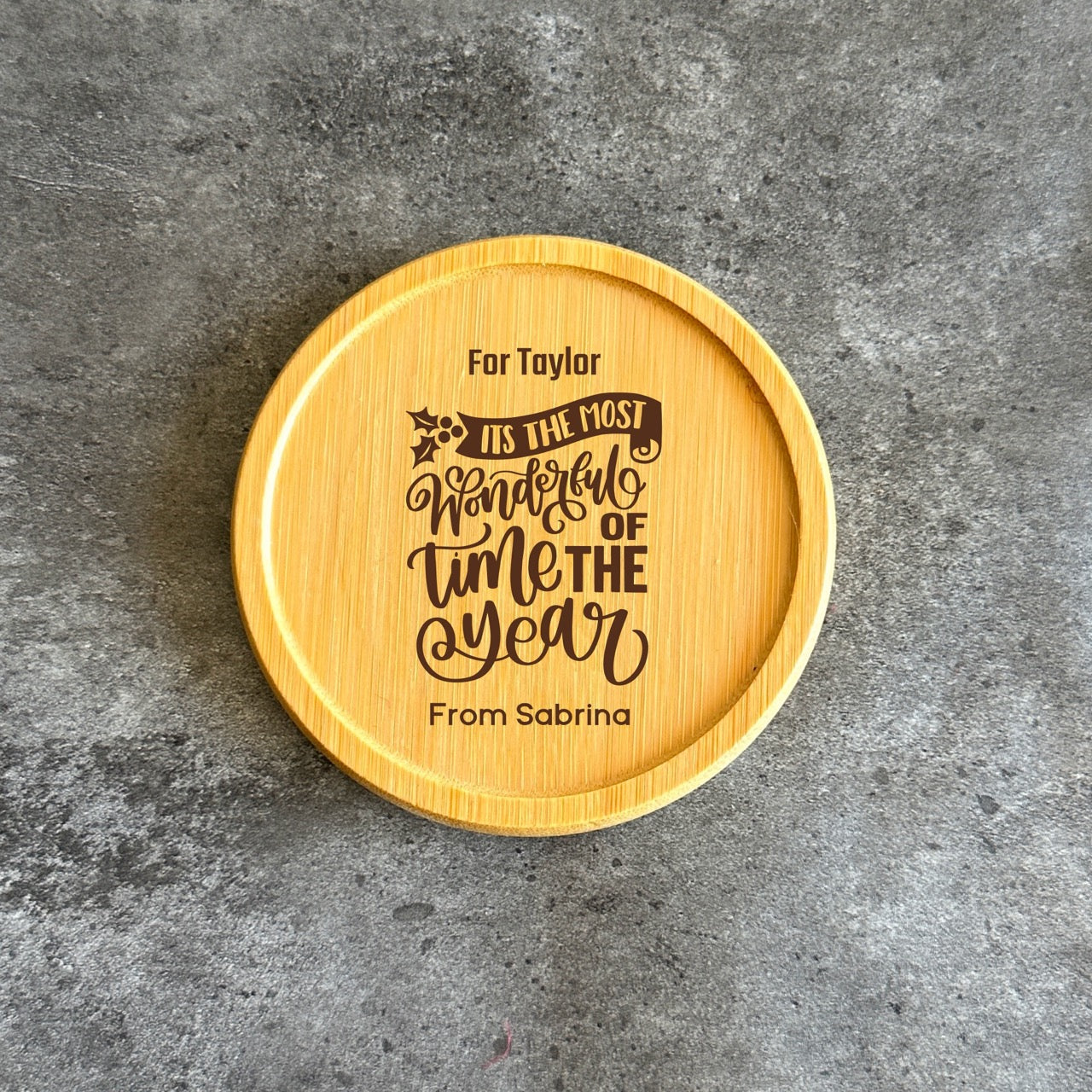 Personalised bamboo coaster with Christmas quote