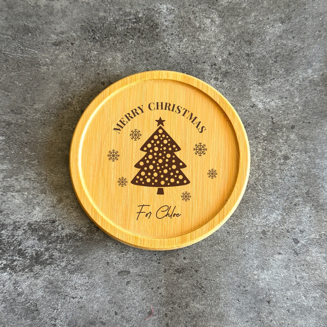 Engraved bamboo Christmas coaster with tree design