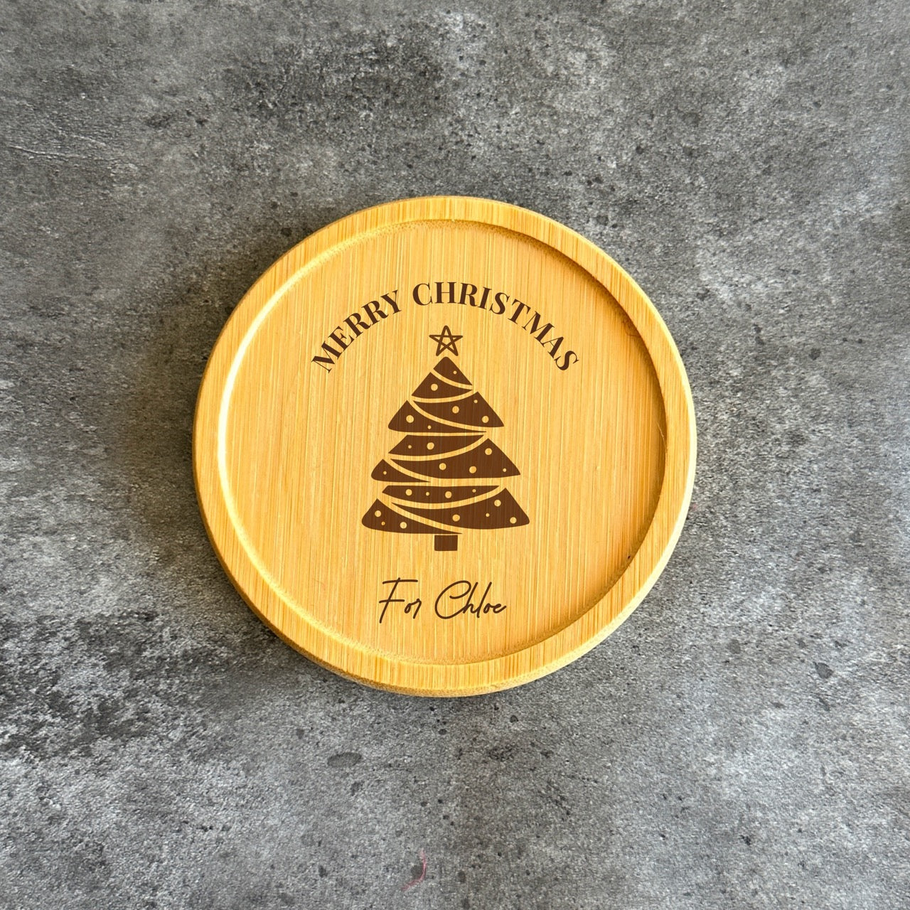 Engraved bamboo coaster with Christmas tree design