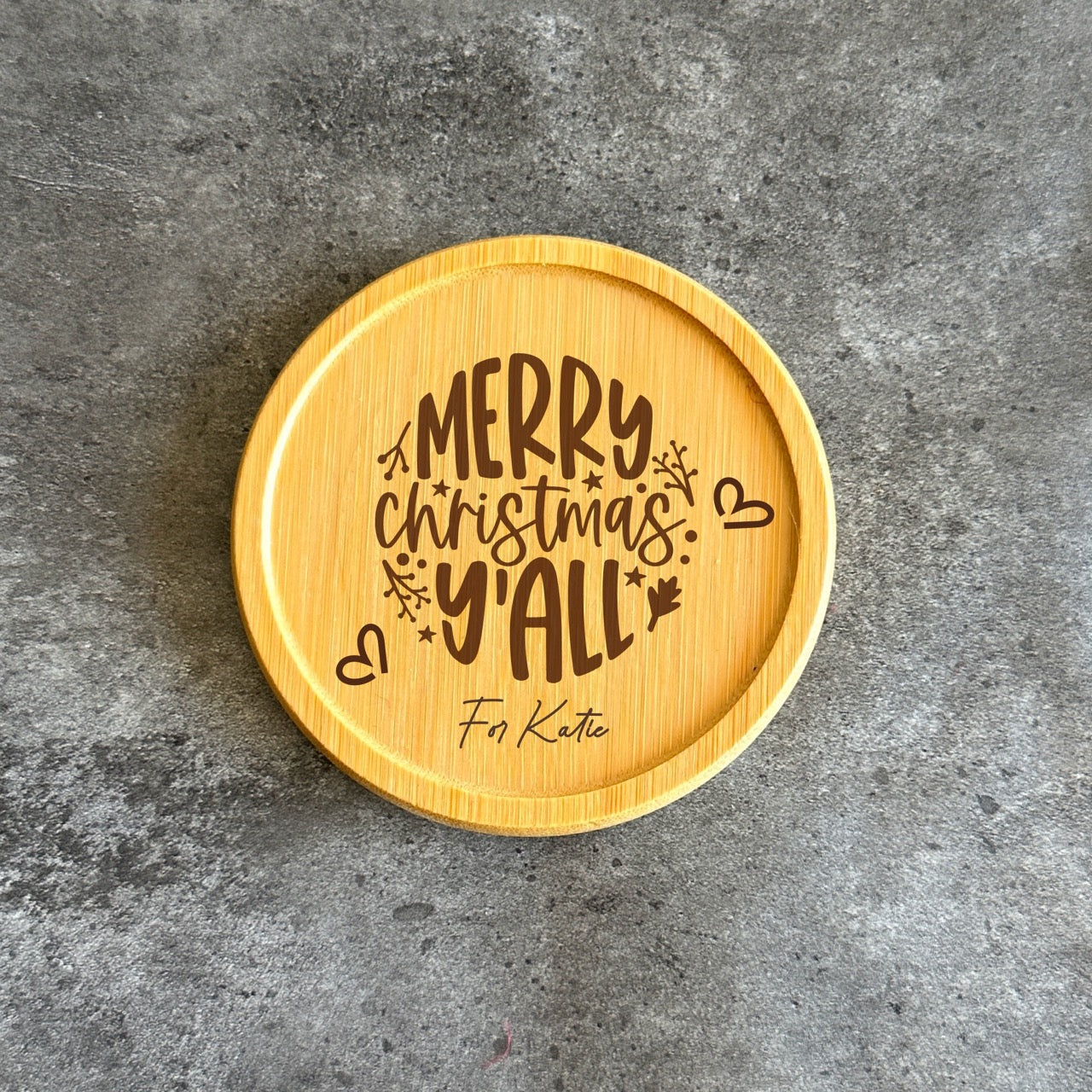 Bamboo coaster engraved with Merry Christmas Y’all design