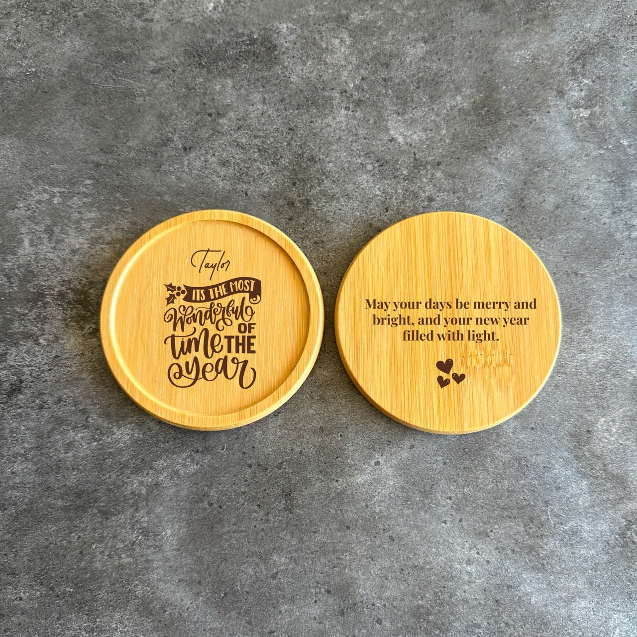 Engraved Christmas bamboo coaster with custom name