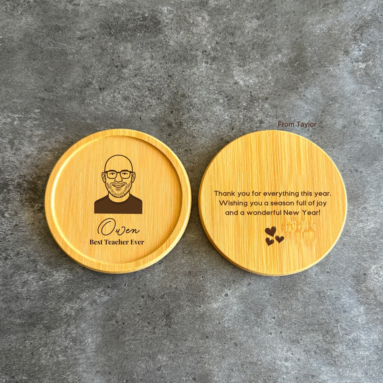 Personalised wooden teacher coaster with engraved portrait