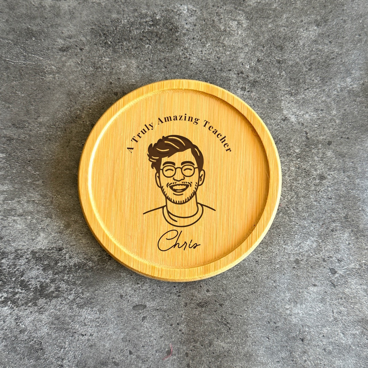 Engraved wooden teacher face coaster Christmas gift