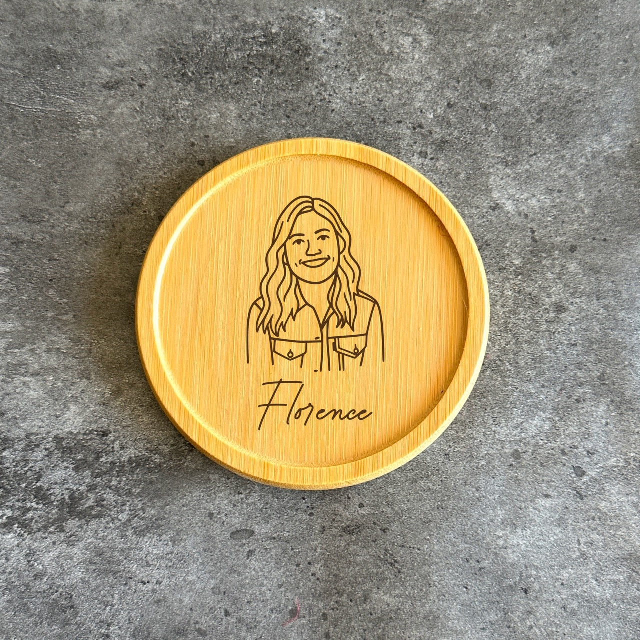 Custom name and portrait engraved on wooden coaster