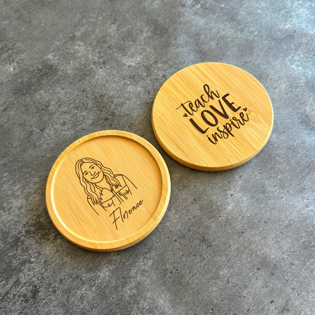 Engraved teacher portrait coffee coaster