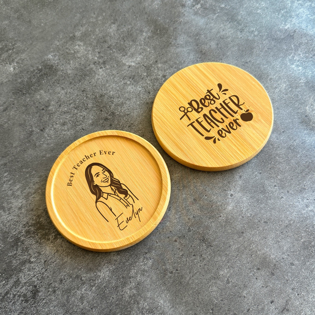 Wooden coaster with teacher portrait and name