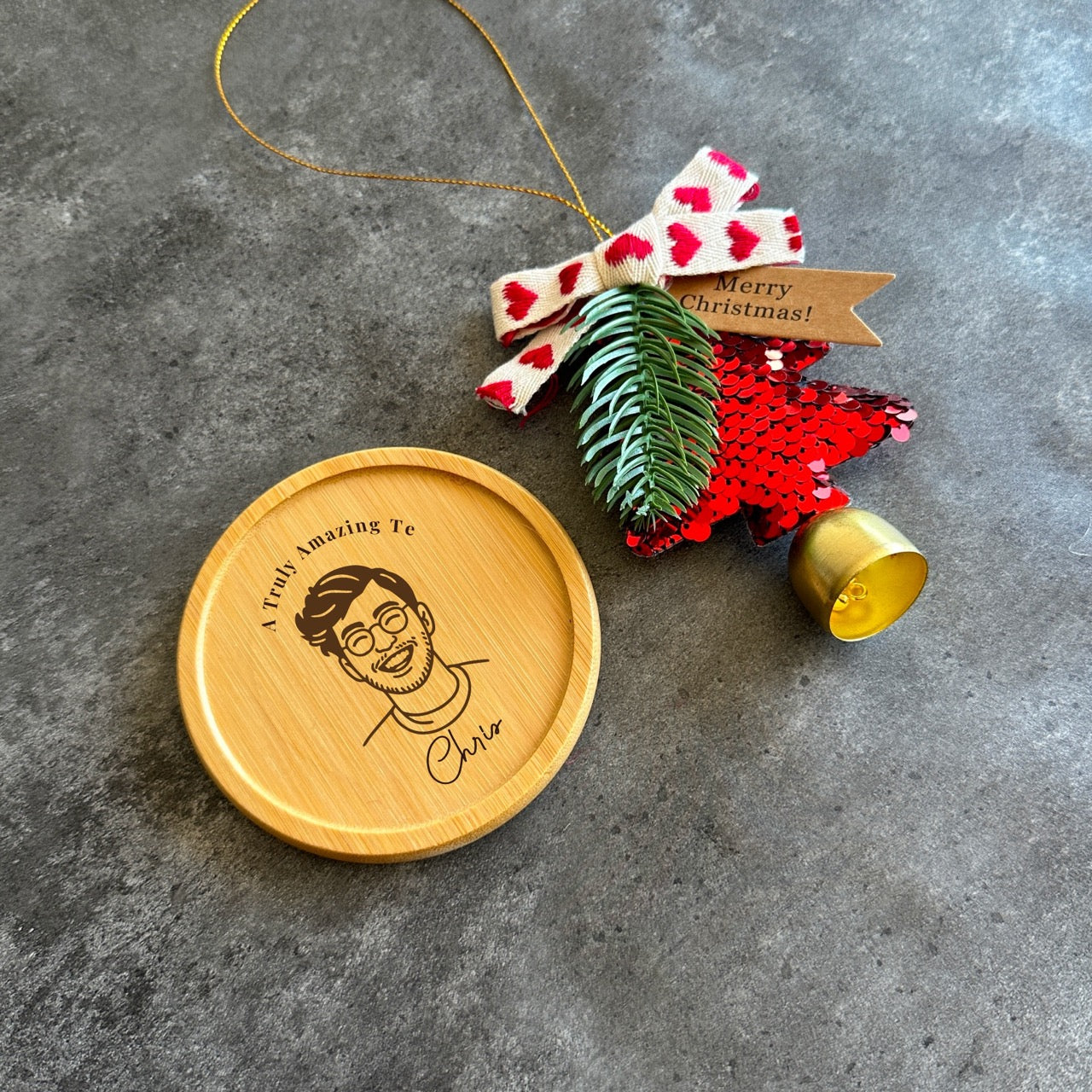 Personalised portrait coaster and ornament gift box for teacher