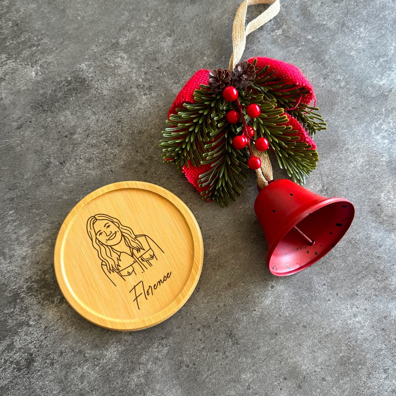 Wooden ornament engraved with portrait and name