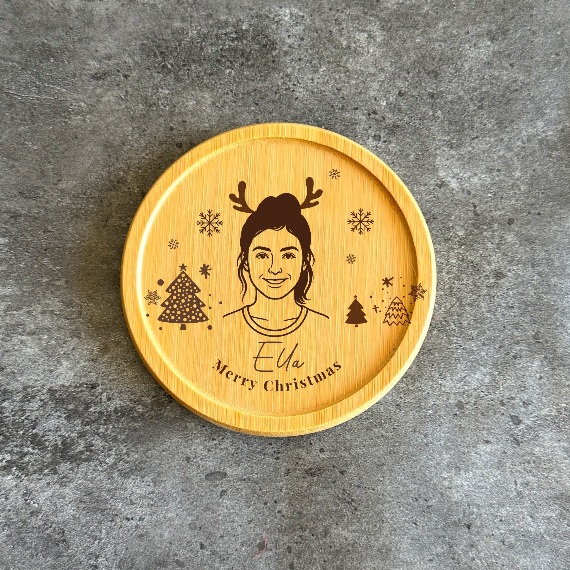 Personalised Christmas bamboo coaster with engraved portrait and name