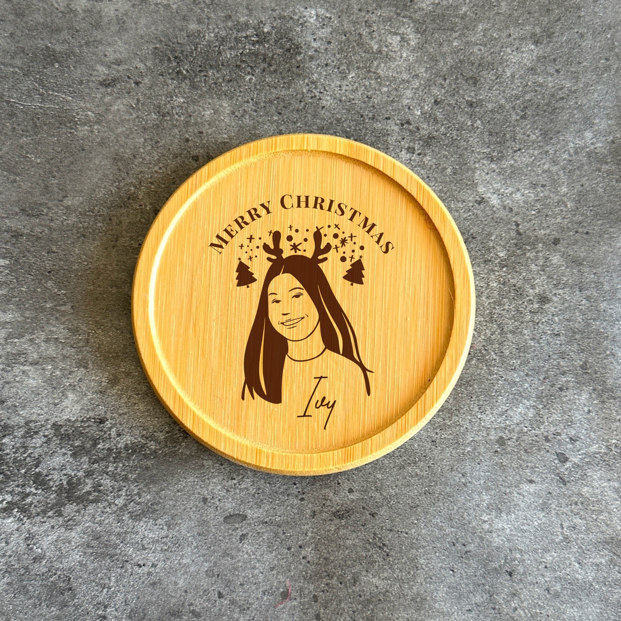 Custom engraved bamboo coaster gift for mum or teacher