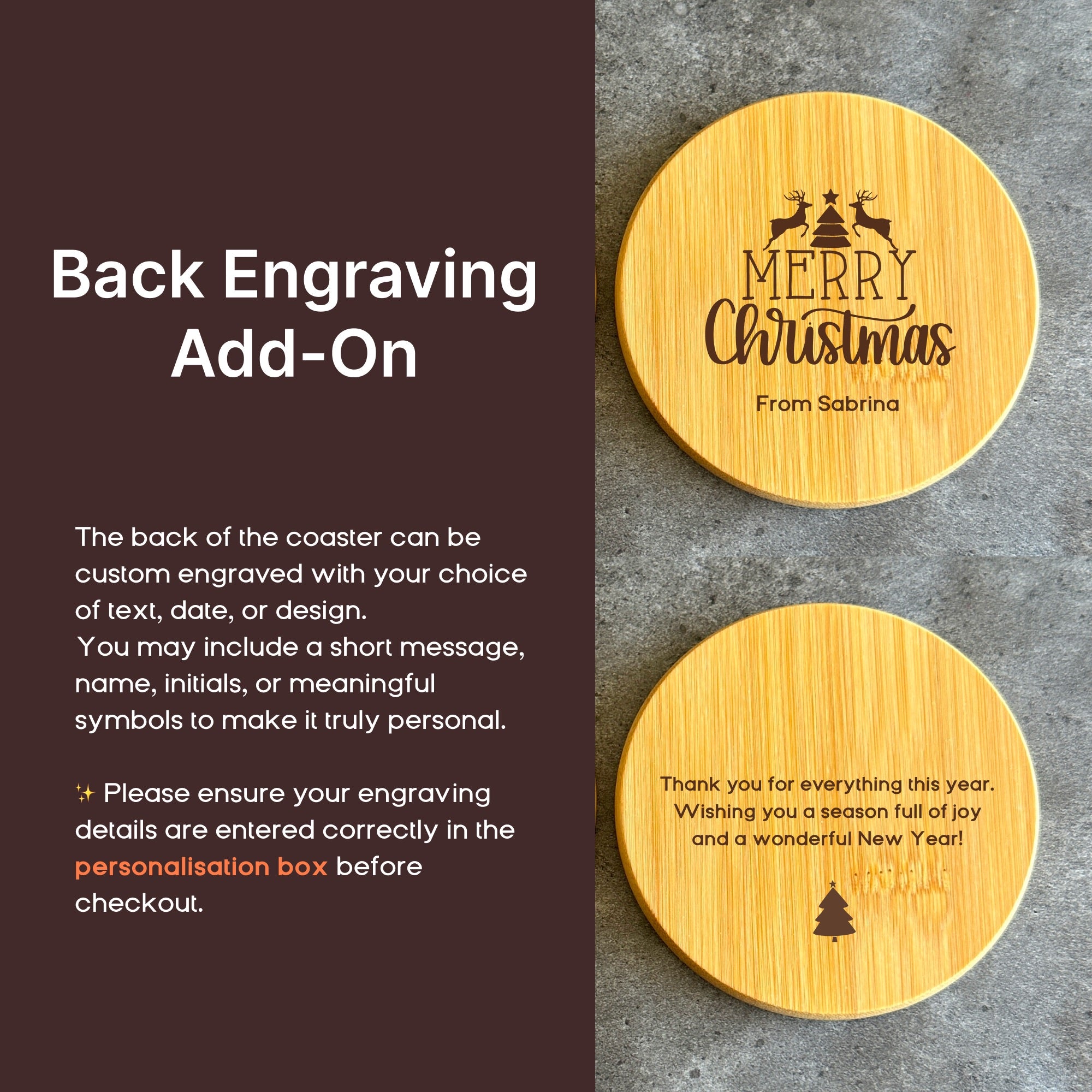 Close-up of engraved bamboo coaster with custom portrait and Merry Christmas text