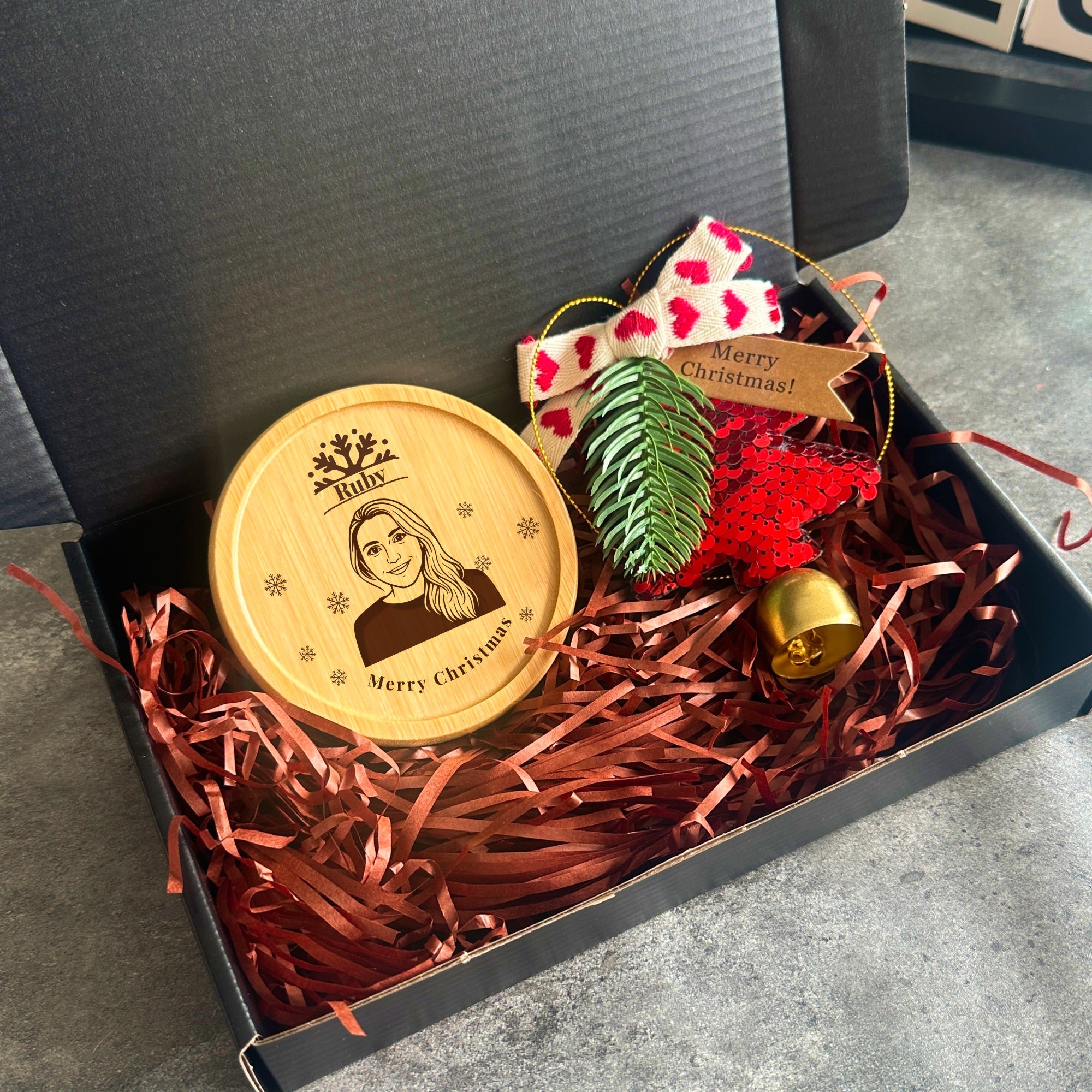 Engraved bamboo coaster and Christmas ornament gift set