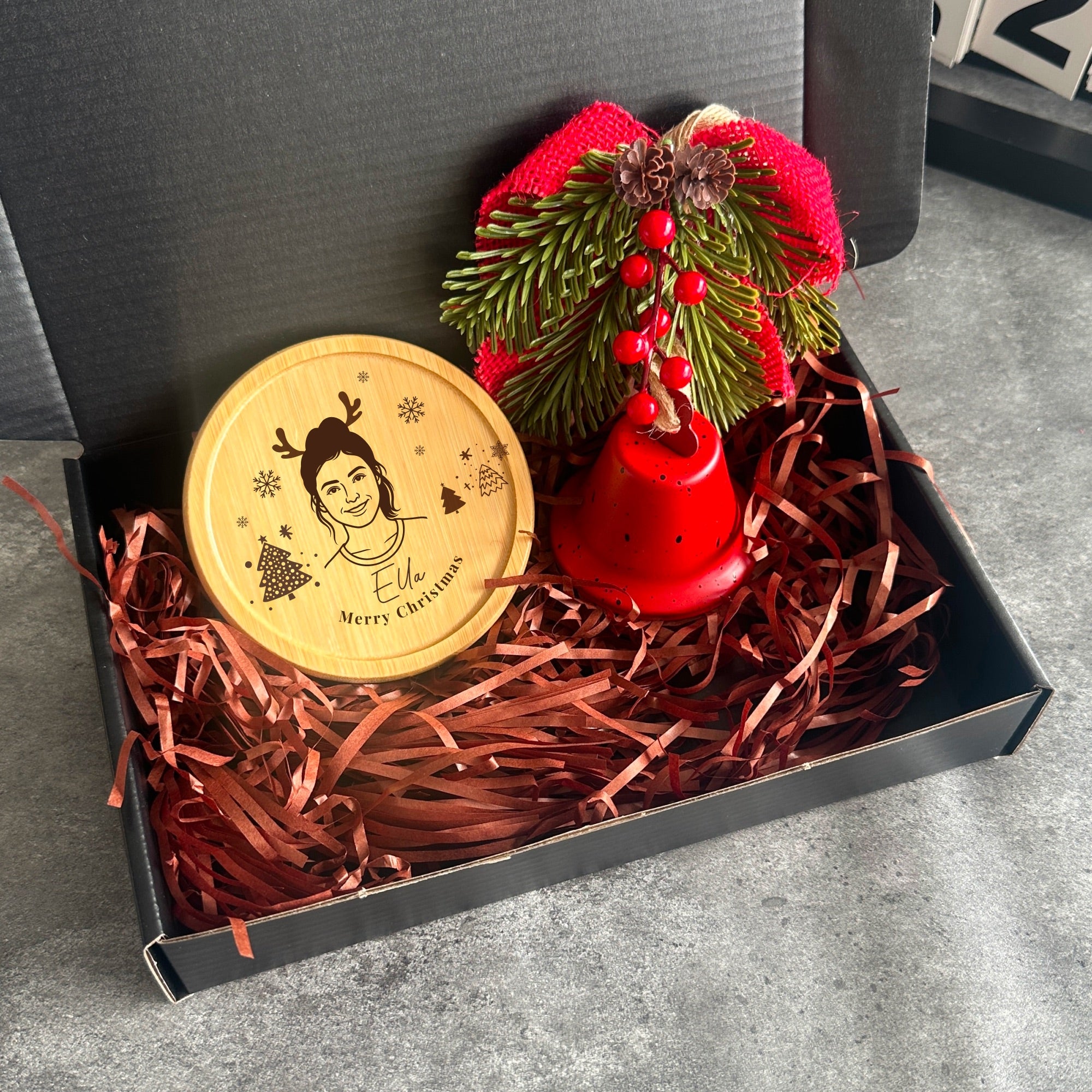 Christmas gift box with personalised bamboo coaster and ornament
