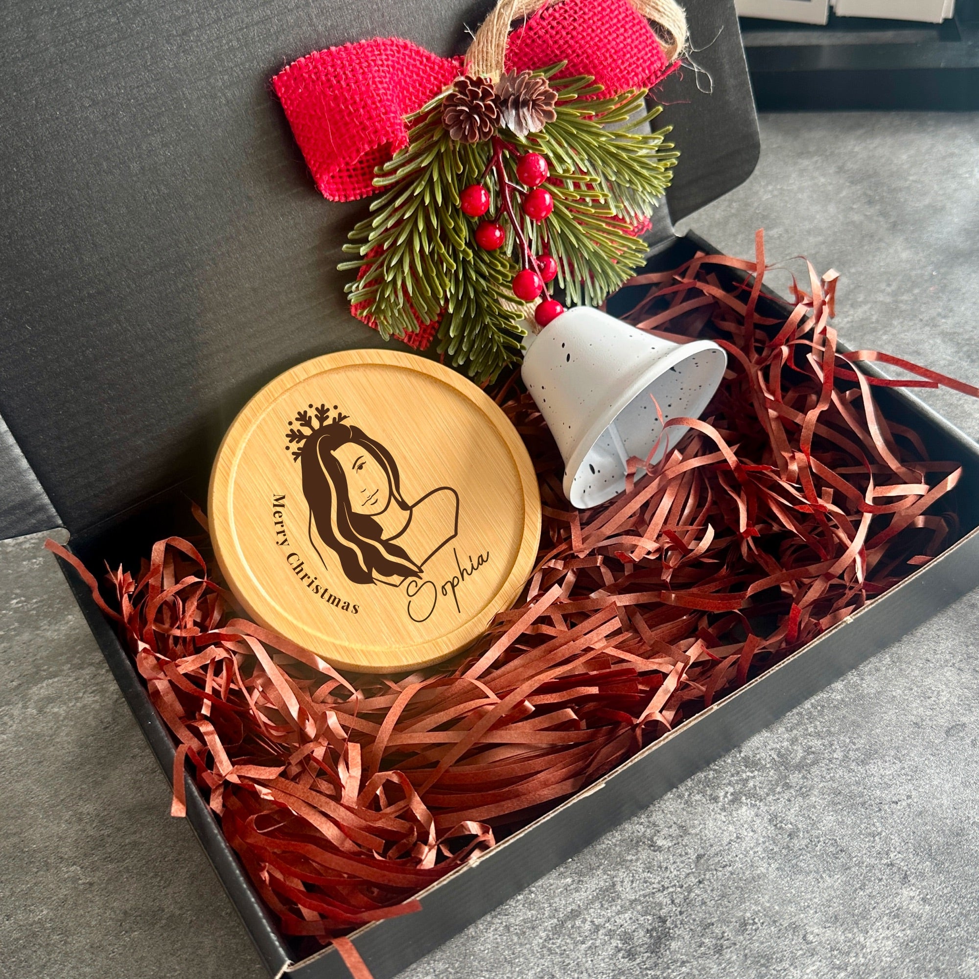 Custom portrait coaster and festive ornament in gift box