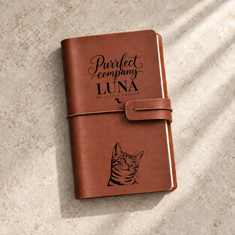 Refillable leather journal with one cat’s portrait and personalised name.