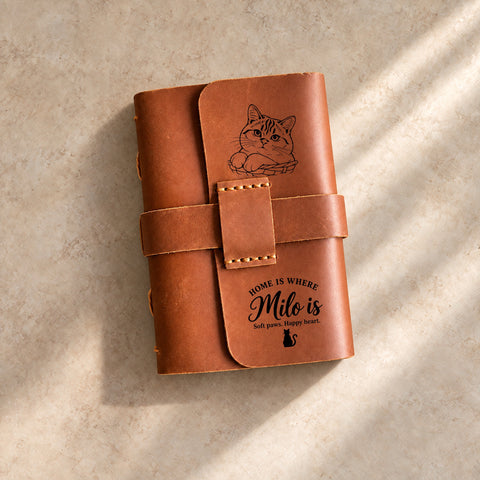Personalised Cat Portrait Leather Journal with Strap Closure