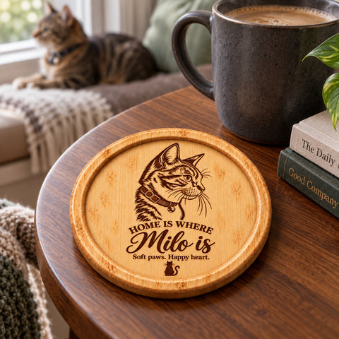 Personalised Cat Portrait Wooden Coaster