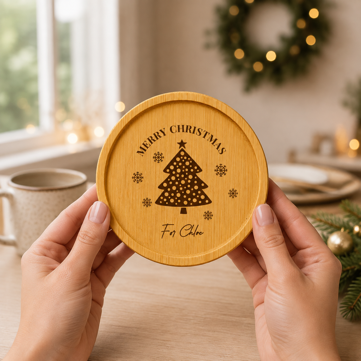Five personalised Christmas tree coaster designs with custom names and festive wording