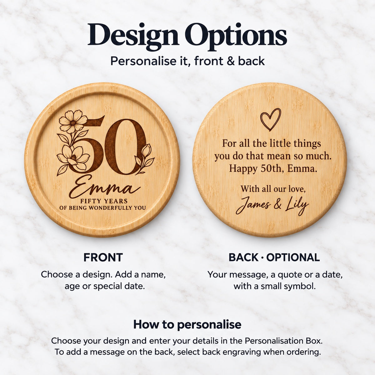 Personalised 50th Birthday Coaster – Engraved Bamboo Keepsake