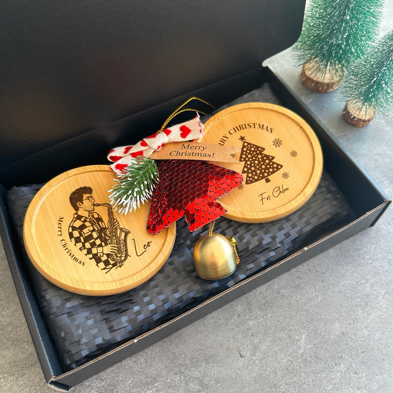 Custom portrait and Christmas coaster set with ornament