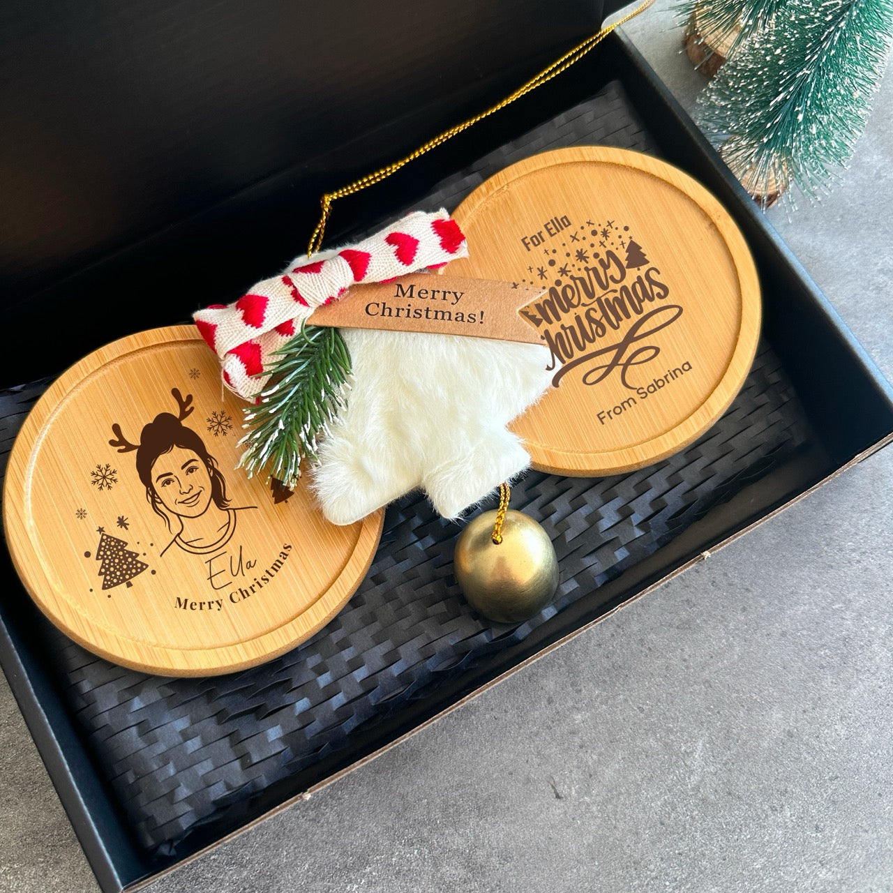 Engraved leather coasters and personalised Christmas ornament