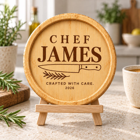 Personalised wooden coaster with a Cooking & Chef design and engraved name