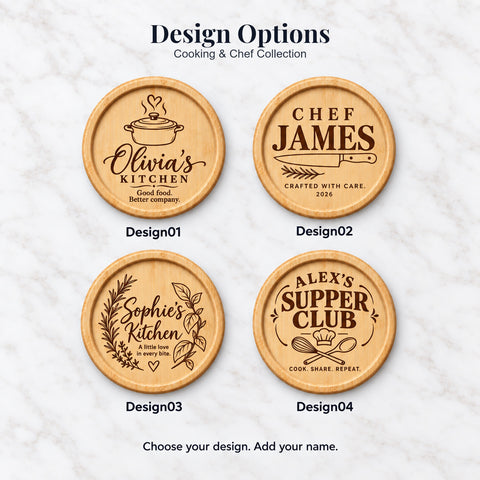 Four round wooden coaster designs for home cooks and chefs: kitchen pot, chef’s knife, herbs and supper club