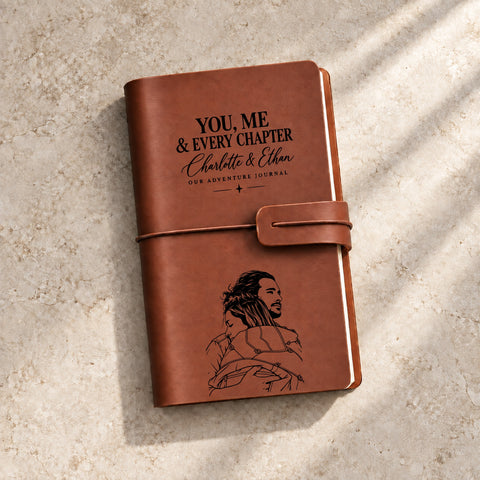 Close-up of the engraved couple portrait and personalised wording on an Our Story refillable leather journal.