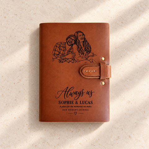 Personalised thick leather journal engraved with a couple portrait, names and an Our Story text design.