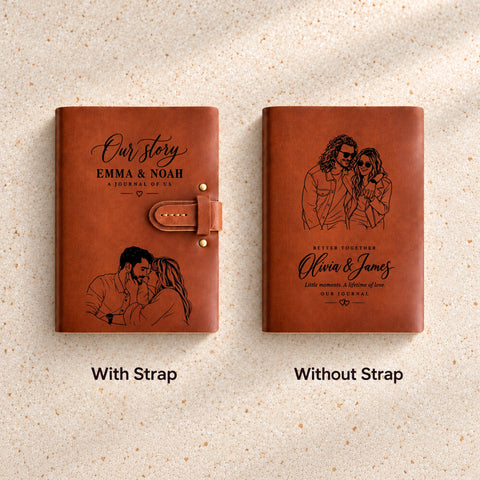 Close-up of the engraved couple portrait and personalised wording on an Our Story thick leather journal.