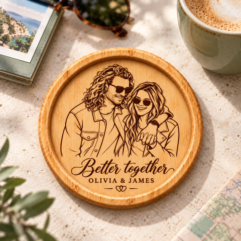 Personalised Couple Portrait Wooden Coaster – Our Story