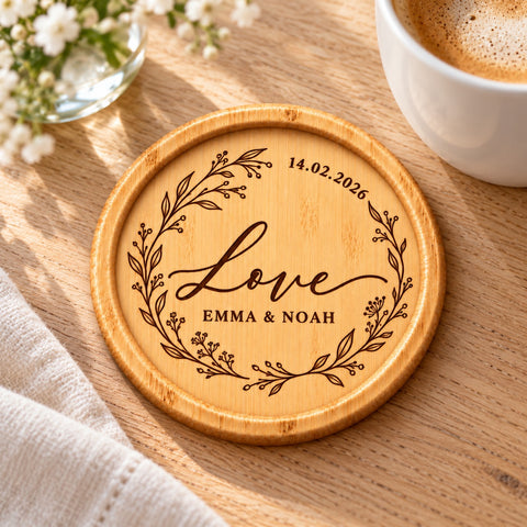 Personalised wooden coaster engraved with Forever in Love lettering, intertwined hearts and leafy branches.