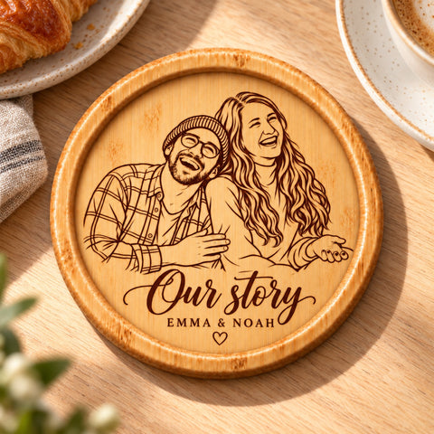 Personalised Couple Portrait Wooden Coaster – Our Story