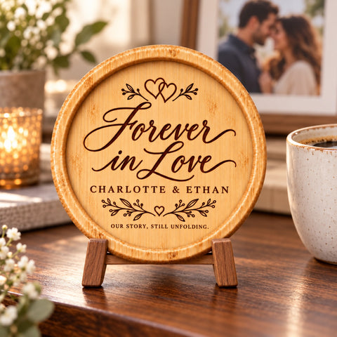 Personalised wooden coaster engraved with a leafy wreath, Love lettering, names and a date.