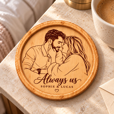 Personalised Couple Portrait Wooden Coaster – Our Story