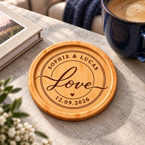 Personalised wooden coaster engraved with roses, Our Love Story lettering, names and a year.