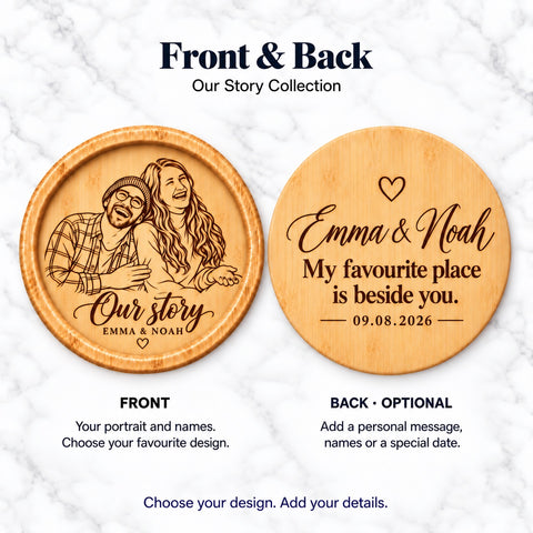 Personalised Couple Portrait Wooden Coaster – Our Story