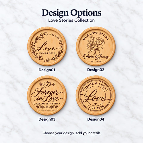 Four Love Stories engraving designs for couples, featuring a leafy wreath, roses, intertwined hearts and a circular name-and-date layout.